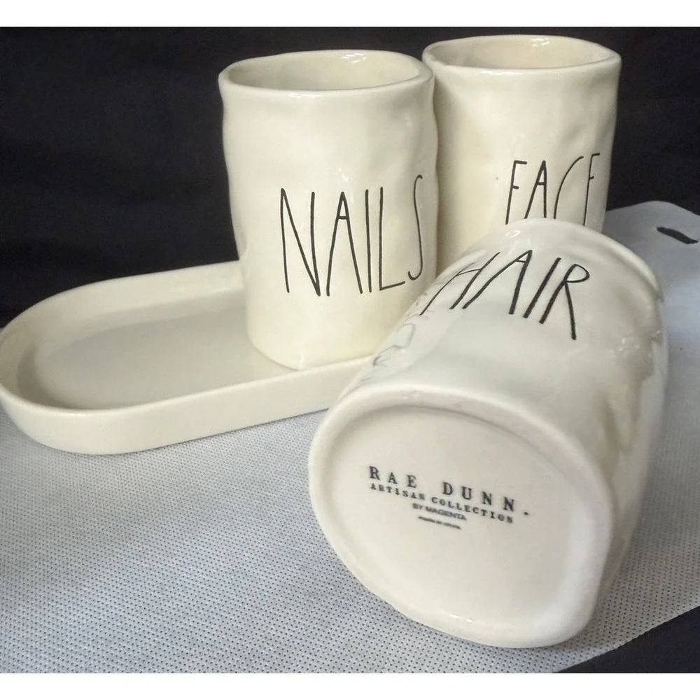 Rae Dunn FACE NAILS HAIR Cosmetic Holders Cup + Tray Long Skinny Letter Font